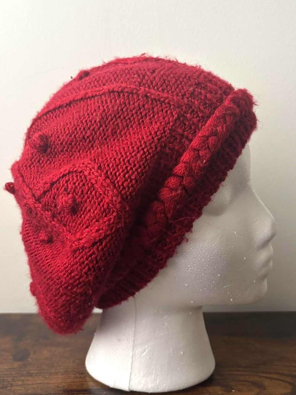 Red wool blend knit slouchy double layered beret tam winter hat